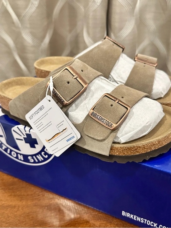 Birkenstock Shoes - Birkenstock Women’s Sandals Taupe Suede Double Strap with Copper Buckles